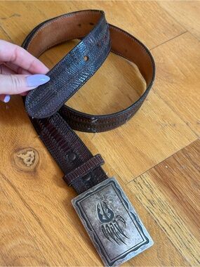 Brown Textured Leather Men's Belt with Antiqued Metal Buckle
